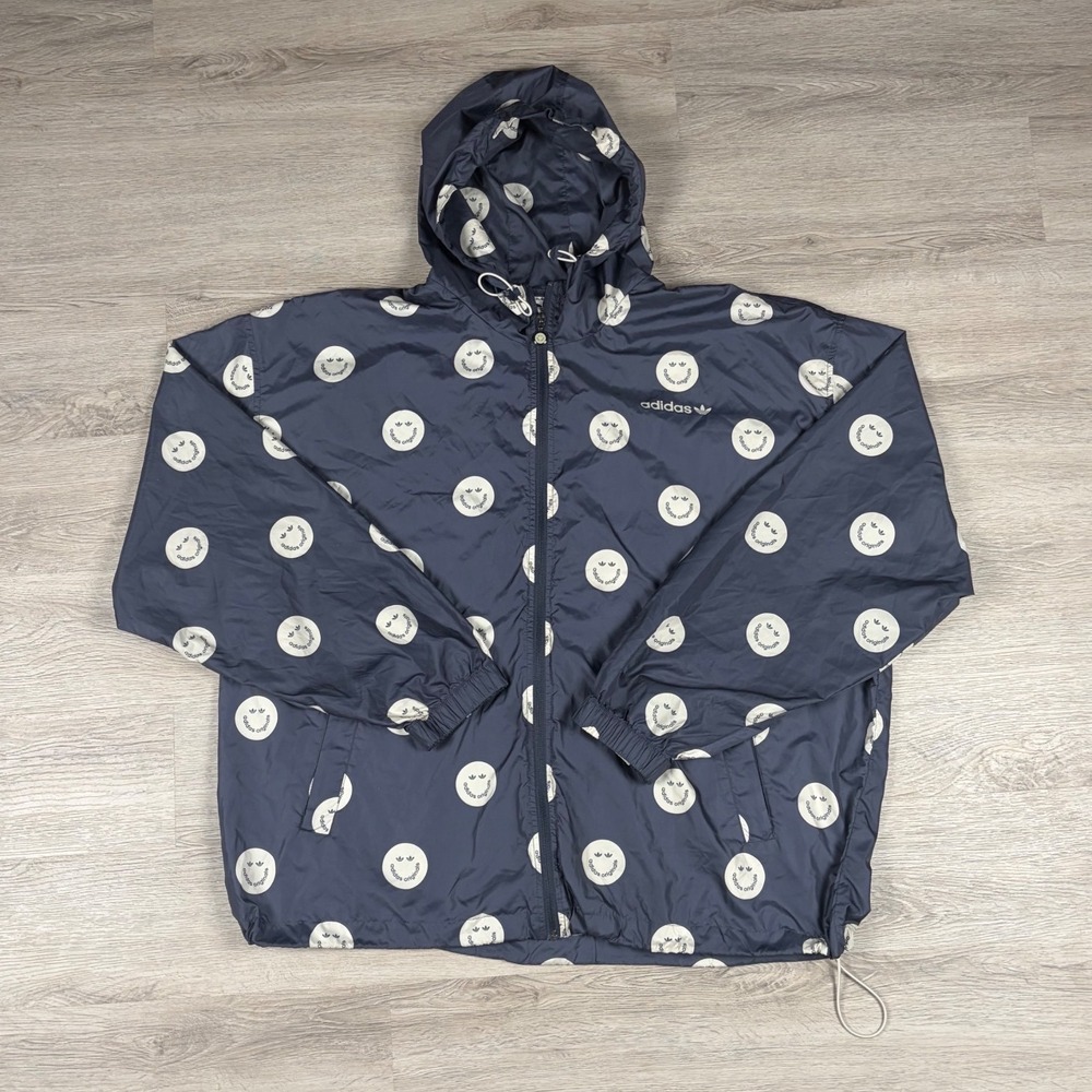 Adidas Windbreaker Mens 2XL Navy Blue Smiley Face Trefoil Full Zip Hooded Jacket